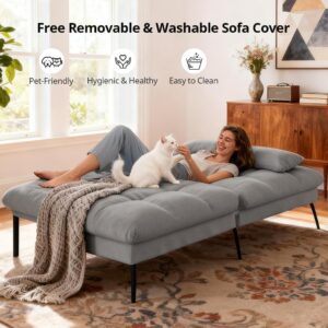 COMHOMA 72″ Futon Sofa Bed,Convertible Fabric Couch with Adjustable Backrest,Loveseat Recliner Sleeper Living Room Furniture futon Set (Grey) - Image 6
