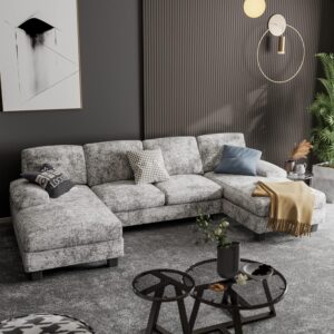 Furniwell Convertible Sectional Sofa Couch, 4 Seat Sofa Set for Living Room U-Shaped Modern Fabric Modular Sofa Sleeper with Double Chaise & Memory Foam (Fabric, Grey) - Image 1