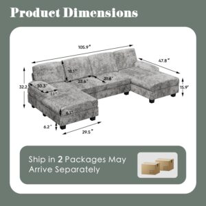 Furniwell Convertible Sectional Sofa Couch, 4 Seat Sofa Set for Living Room U-Shaped Modern Fabric Modular Sofa Sleeper with Double Chaise & Memory Foam (Fabric, Grey) - Image 2