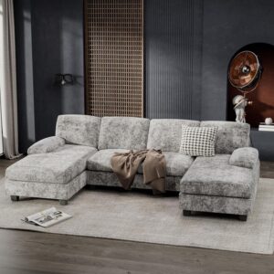 Furniwell Convertible Sectional Sofa Couch, 4 Seat Sofa Set for Living Room U-Shaped Modern Fabric Modular Sofa Sleeper with Double Chaise & Memory Foam (Fabric, Grey) - Image 3