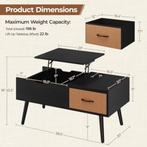 Yaheetech Lift Top Coffee Table for Living Room, Wooden Small Center Tables with Large Storage Shelf Drawer and Hidden Compartment Modern, Black - Image 2