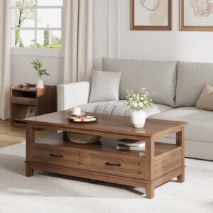 IDEALHOUSE Brown Coffee Table with Drawers, 47.2” Rustic Center Table with Open Shelf and 6 Support Legs, Large Living Room Table with Storage - Image 1