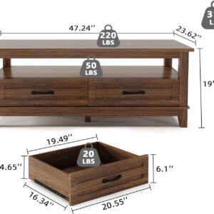 IDEALHOUSE Brown Coffee Table with Drawers, 47.2” Rustic Center Table with Open Shelf and 6 Support Legs, Large Living Room Table with Storage - Image 2