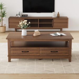 IDEALHOUSE Brown Coffee Table with Drawers, 47.2” Rustic Center Table with Open Shelf and 6 Support Legs, Large Living Room Table with Storage - Image 6
