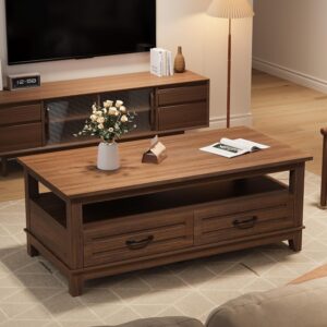 IDEALHOUSE Brown Coffee Table with Drawers, 47.2” Rustic Center Table with Open Shelf and 6 Support Legs, Large Living Room Table with Storage - Image 7