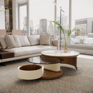 Round Coffee Table for Living Room, Modern Marble Top Expandable Coffee Table with Hidden Storage, No Assembly Required Center Table, Rolling Living Room Tables (Walnut & Marble) - Image 1