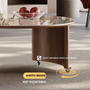 Round Coffee Table for Living Room, Modern Marble Top Expandable Coffee Table with Hidden Storage, No Assembly Required Center Table, Rolling Living Room Tables (Walnut & Marble) - Image 2