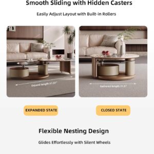 Round Coffee Table for Living Room, Modern Marble Top Expandable Coffee Table with Hidden Storage, No Assembly Required Center Table, Rolling Living Room Tables (Walnut & Marble) - Image 4