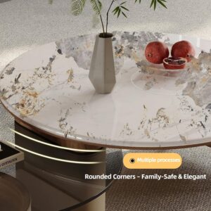 Round Coffee Table for Living Room, Modern Marble Top Expandable Coffee Table with Hidden Storage, No Assembly Required Center Table, Rolling Living Room Tables (Walnut & Marble) - Image 5