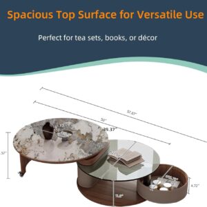 Round Coffee Table for Living Room, Modern Marble Top Expandable Coffee Table with Hidden Storage, No Assembly Required Center Table, Rolling Living Room Tables (Walnut & Marble) - Image 8