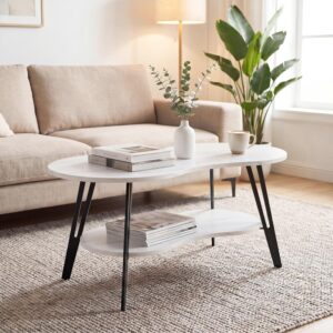 MWOOD Oval Coffee Table, 39.37" Center Table with Storage Shelf and Metal Leg, Waterproof & Scratch-Resistant Dining Table for Living Roome, Bedroom Marble-Patterned - Image 2