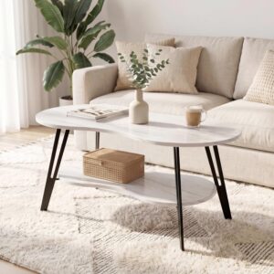 MWOOD Oval Coffee Table, 39.37" Center Table with Storage Shelf and Metal Leg, Waterproof & Scratch-Resistant Dining Table for Living Roome, Bedroom Marble-Patterned - Image 1