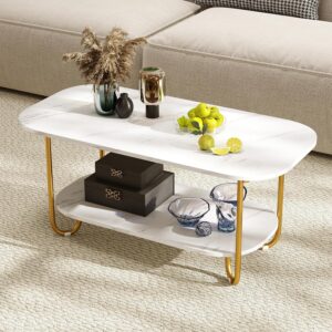 Giantex 2 Tier Coffee Table with Storage, Modern Faux Marble Center Table with Round Corners & Gold Metal Frame, White Gold Living Room Tables for Home Office - Image 1