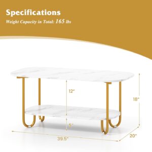 Giantex 2 Tier Coffee Table with Storage, Modern Faux Marble Center Table with Round Corners & Gold Metal Frame, White Gold Living Room Tables for Home Office - Image 2