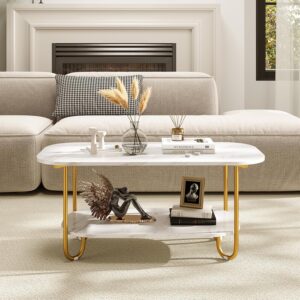 Giantex 2 Tier Coffee Table with Storage, Modern Faux Marble Center Table with Round Corners & Gold Metal Frame, White Gold Living Room Tables for Home Office - Image 3