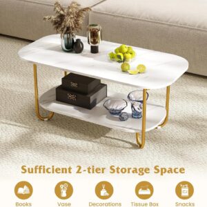 Giantex 2 Tier Coffee Table with Storage, Modern Faux Marble Center Table with Round Corners & Gold Metal Frame, White Gold Living Room Tables for Home Office - Image 5