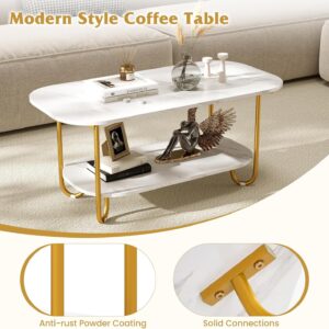 Giantex 2 Tier Coffee Table with Storage, Modern Faux Marble Center Table with Round Corners & Gold Metal Frame, White Gold Living Room Tables for Home Office - Image 6
