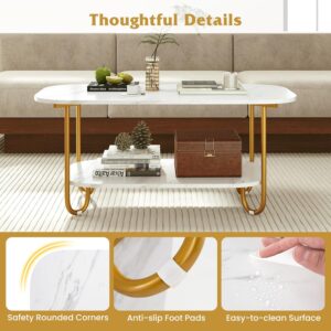 Giantex 2 Tier Coffee Table with Storage, Modern Faux Marble Center Table with Round Corners & Gold Metal Frame, White Gold Living Room Tables for Home Office - Image 7
