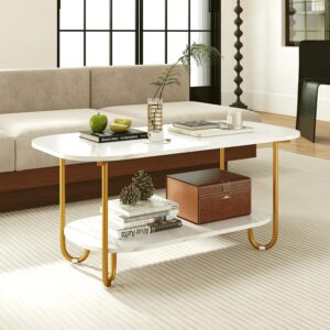 Giantex 2 Tier Coffee Table with Storage, Modern Faux Marble Center Table with Round Corners & Gold Metal Frame, White Gold Living Room Tables for Home Office - Image 8