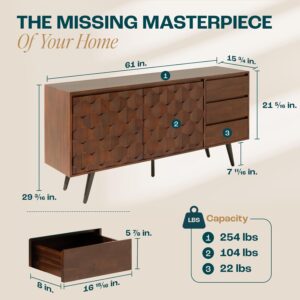 Bme Sideboard Georgina Solid Wood 2 Doors & 3 Drawers, 61'' Mid Century Modern Cabinet with Geometric Pattern for Kitchen, Dining, Living Room - Image 2