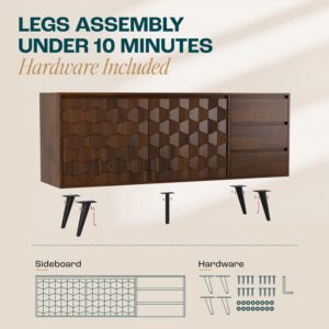 Bme Sideboard Georgina Solid Wood 2 Doors & 3 Drawers, 61'' Mid Century Modern Cabinet with Geometric Pattern for Kitchen, Dining, Living Room - Image 3