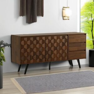Bme Sideboard Georgina Solid Wood 2 Doors & 3 Drawers, 61'' Mid Century Modern Cabinet with Geometric Pattern for Kitchen, Dining, Living Room - Image 8