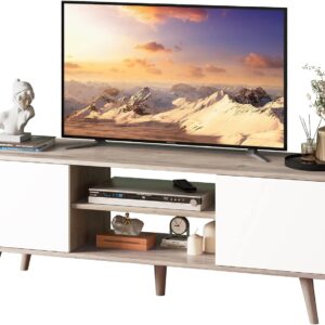WLIVE Mid-Century Modern TV Stand for 55/60 Inch TV, Entertainment Center with Storage & Adjustable Shelves, Media Console with Soft-Close Cabinets for Living Room/Bedroom, Greige White - Image 2