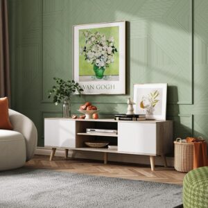 WLIVE Mid-Century Modern TV Stand for 55/60 Inch TV, Entertainment Center with Storage & Adjustable Shelves, Media Console with Soft-Close Cabinets for Living Room/Bedroom, Greige White - Image 4