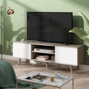WLIVE Mid-Century Modern TV Stand for 55/60 Inch TV, Entertainment Center with Storage & Adjustable Shelves, Media Console with Soft-Close Cabinets for Living Room/Bedroom, Greige White - Image 9
