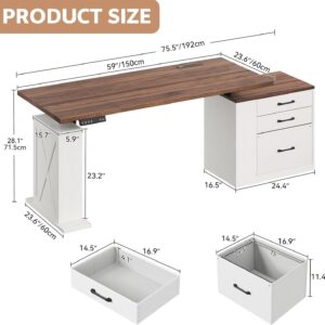 75.5'' Electric Standing Desk with Drawers, Farmhouse Height Adjustable Corner Desk, Sit Stand Office Desk with 4 AC Outlets & Type C Port, Executive Computer Desk, Brown & White - Image 2