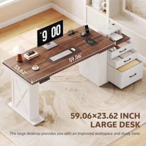 75.5'' Electric Standing Desk with Drawers, Farmhouse Height Adjustable Corner Desk, Sit Stand Office Desk with 4 AC Outlets & Type C Port, Executive Computer Desk, Brown & White - Image 3
