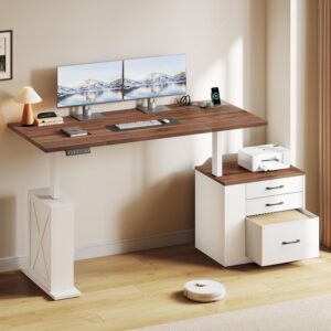 75.5'' Electric Standing Desk with Drawers, Farmhouse Height Adjustable Corner Desk, Sit Stand Office Desk with 4 AC Outlets & Type C Port, Executive Computer Desk, Brown & White - Image 8