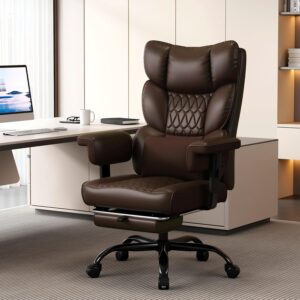 Misolant Big and Tall Office Chair with Footrest, High Back Executive Desk Chair with Adjustable Lift Armrest, 155°Recline，Lumbar Support Pillow, Faux Leather Gaming Chairs for Home or Office Brown - Image 2