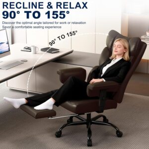 Misolant Big and Tall Office Chair with Footrest, High Back Executive Desk Chair with Adjustable Lift Armrest, 155°Recline，Lumbar Support Pillow, Faux Leather Gaming Chairs for Home or Office Brown - Image 4