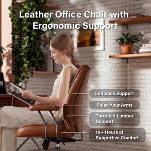Brown Leather Office Desk Chair with Quiet Rubber Wheels, Height Adjustable, Padded Arms, Vintage Mid Century Office Chair, Retro Style Desk Chair - Image 4