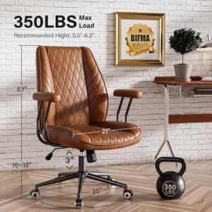 Brown Leather Office Desk Chair with Quiet Rubber Wheels, Height Adjustable, Padded Arms, Vintage Mid Century Office Chair, Retro Style Desk Chair - Image 9