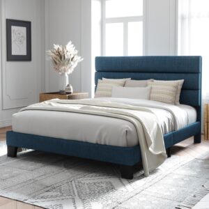 Allewie Queen Size Platform Bed Frame with Fabric Upholstered Headboard and Wooden Slats Support, Fully Upholstered Mattress Foundation/No Box Spring Needed/Easy Assembly, Navy Blue - Image 3