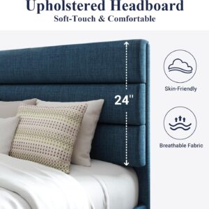 Allewie Queen Size Platform Bed Frame with Fabric Upholstered Headboard and Wooden Slats Support, Fully Upholstered Mattress Foundation/No Box Spring Needed/Easy Assembly, Navy Blue - Image 4
