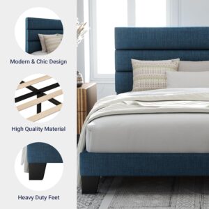 Allewie Queen Size Platform Bed Frame with Fabric Upholstered Headboard and Wooden Slats Support, Fully Upholstered Mattress Foundation/No Box Spring Needed/Easy Assembly, Navy Blue - Image 6