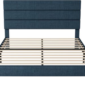 Allewie Queen Size Platform Bed Frame with Fabric Upholstered Headboard and Wooden Slats Support, Fully Upholstered Mattress Foundation/No Box Spring Needed/Easy Assembly, Navy Blue - Image 8