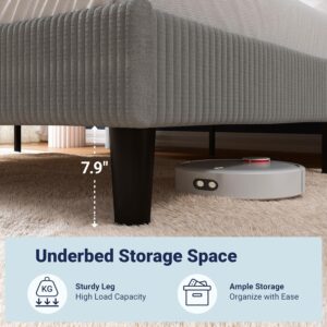 Allewie Queen Size Bed Frame with Upholstered Wingback Headboard, Vertical Channel Tufted Corduroy Velvet Platform Bed, Strong Wooden Slats Support, No Box Spring Needed, Easy Assembly, Light Grey - Image 3