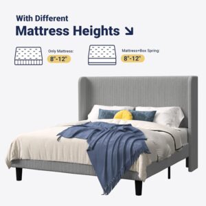 Allewie Queen Size Bed Frame with Upholstered Wingback Headboard, Vertical Channel Tufted Corduroy Velvet Platform Bed, Strong Wooden Slats Support, No Box Spring Needed, Easy Assembly, Light Grey - Image 6