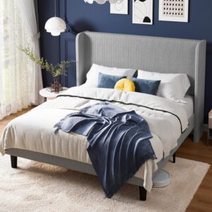 Allewie Queen Size Bed Frame with Upholstered Wingback Headboard, Vertical Channel Tufted Corduroy Velvet Platform Bed, Strong Wooden Slats Support, No Box Spring Needed, Easy Assembly, Light Grey - Image 7
