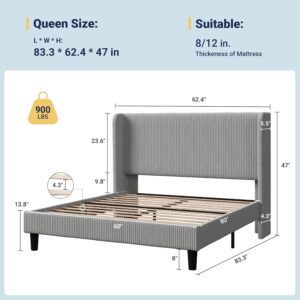 Allewie Queen Size Bed Frame with Upholstered Wingback Headboard, Vertical Channel Tufted Corduroy Velvet Platform Bed, Strong Wooden Slats Support, No Box Spring Needed, Easy Assembly, Light Grey - Image 8