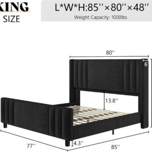 AMERLIFE King Size Bed Frame, Velvet Upholstered Platform Bed with Vertical Channel Tufted Headboard & Footboard/Wingback, Mattress Foundation with Wood Slats, No Box Spring Needed, Black - Image 2