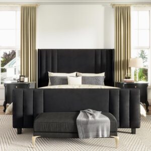 AMERLIFE King Size Bed Frame, Velvet Upholstered Platform Bed with Vertical Channel Tufted Headboard & Footboard/Wingback, Mattress Foundation with Wood Slats, No Box Spring Needed, Black - Image 3