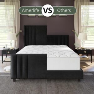 AMERLIFE King Size Bed Frame, Velvet Upholstered Platform Bed with Vertical Channel Tufted Headboard & Footboard/Wingback, Mattress Foundation with Wood Slats, No Box Spring Needed, Black - Image 4