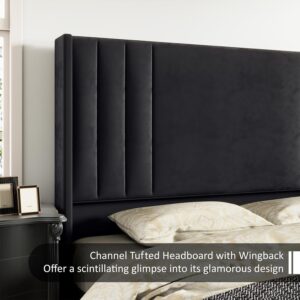 AMERLIFE King Size Bed Frame, Velvet Upholstered Platform Bed with Vertical Channel Tufted Headboard & Footboard/Wingback, Mattress Foundation with Wood Slats, No Box Spring Needed, Black - Image 5