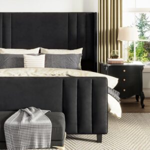 AMERLIFE King Size Bed Frame, Velvet Upholstered Platform Bed with Vertical Channel Tufted Headboard & Footboard/Wingback, Mattress Foundation with Wood Slats, No Box Spring Needed, Black - Image 7