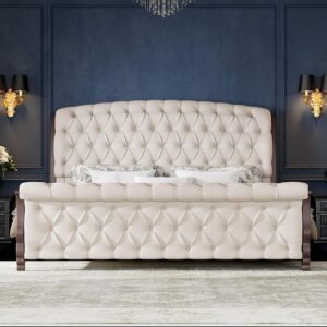 AMERLIFE Upholstered King Bed Frame, 53" Tall Sleigh Bed with Button Tufted Chenille Headboard and Footboard, Platform Bed with Carved Solid Wood Legs, No Box Spring Needed, Cream - Image 3